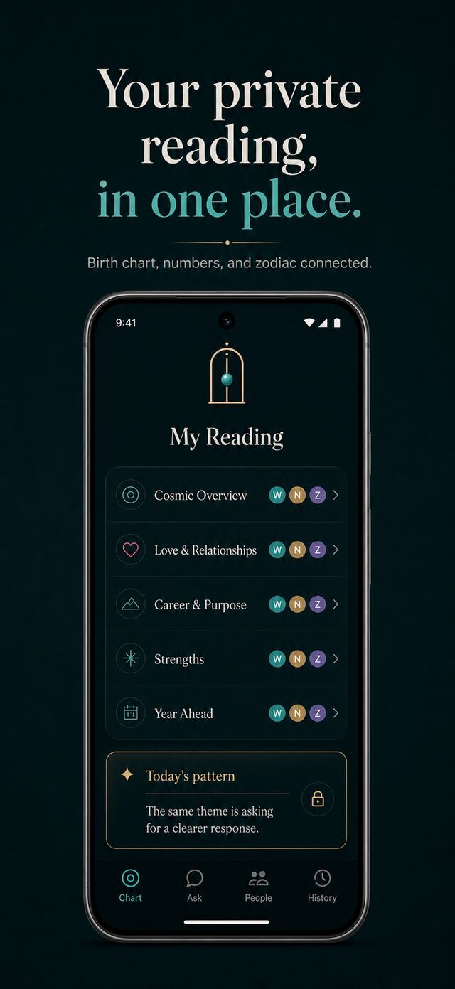 Stellara private reading screen showing Cosmic Overview, Love and Relationships, Career and Purpose, Strengths, and Year Ahead sections